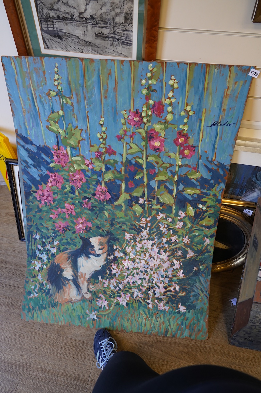 Michael John Blaker (1928-2018), three oils on board, Parkland scene, Boulogne street scene and seated cat before flowers, each signed, largest 120 x 93cm, unframed. Condition - fair